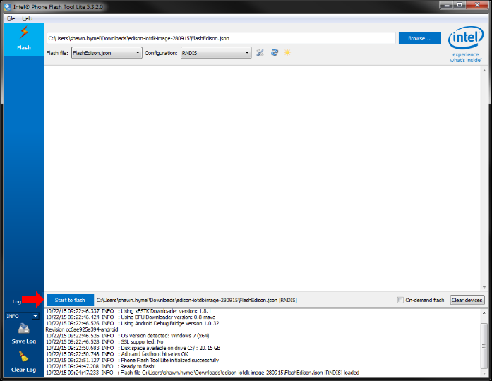 [Edison firmware loaded into the Phone Flash Tool