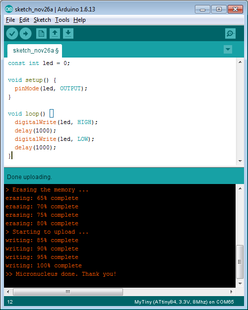 Uploading Arduino sketch to ATtiny84